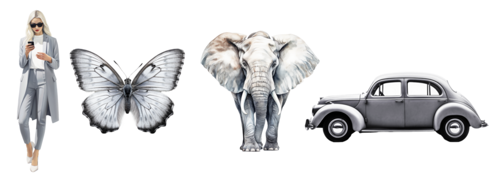 Set of grey fashion objects and model on png background. Ideal set for design and collage art.