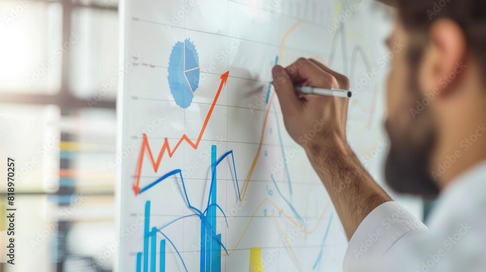 Poster a businessman drawing an upward arrow graph on a whiteboard during a team meeting, outlining ambitio