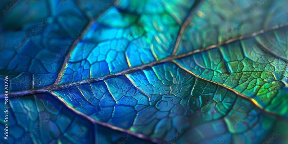 Aufkleber leaf of a tree close-up. blue toned background or wallpaper. mosaic pattern from a net of veins and 