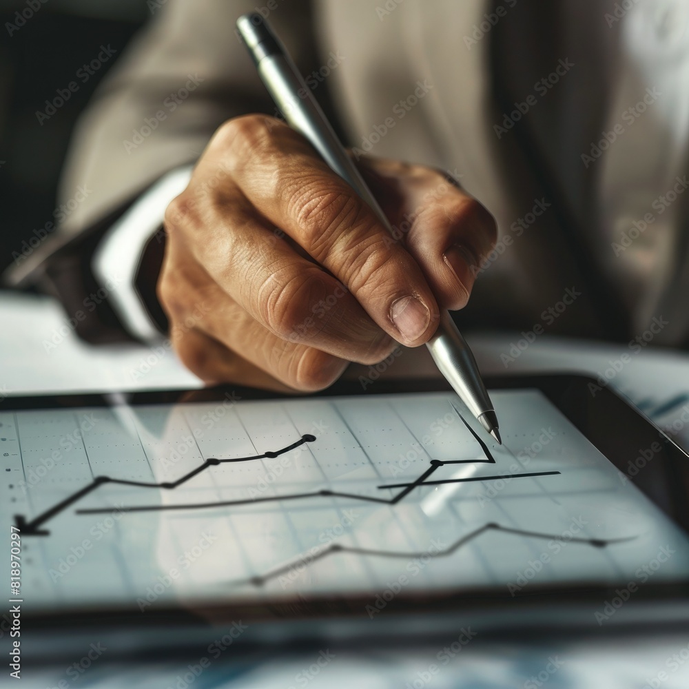 Poster A close-up of a businessman's hand using a stylus to sketch out a growth strategy on a digital tablet, with an increase arrow graph visible on the screen. 