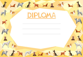 Dog pet care diploma or certificate vector template with cartoon zoo shop items for puppies. Award frame template with dogs. Certificate template. flat vector. Diploma of dog show. Best of the Breed