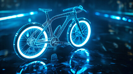 Blue wireframe of bike Blue tunnel 3d render