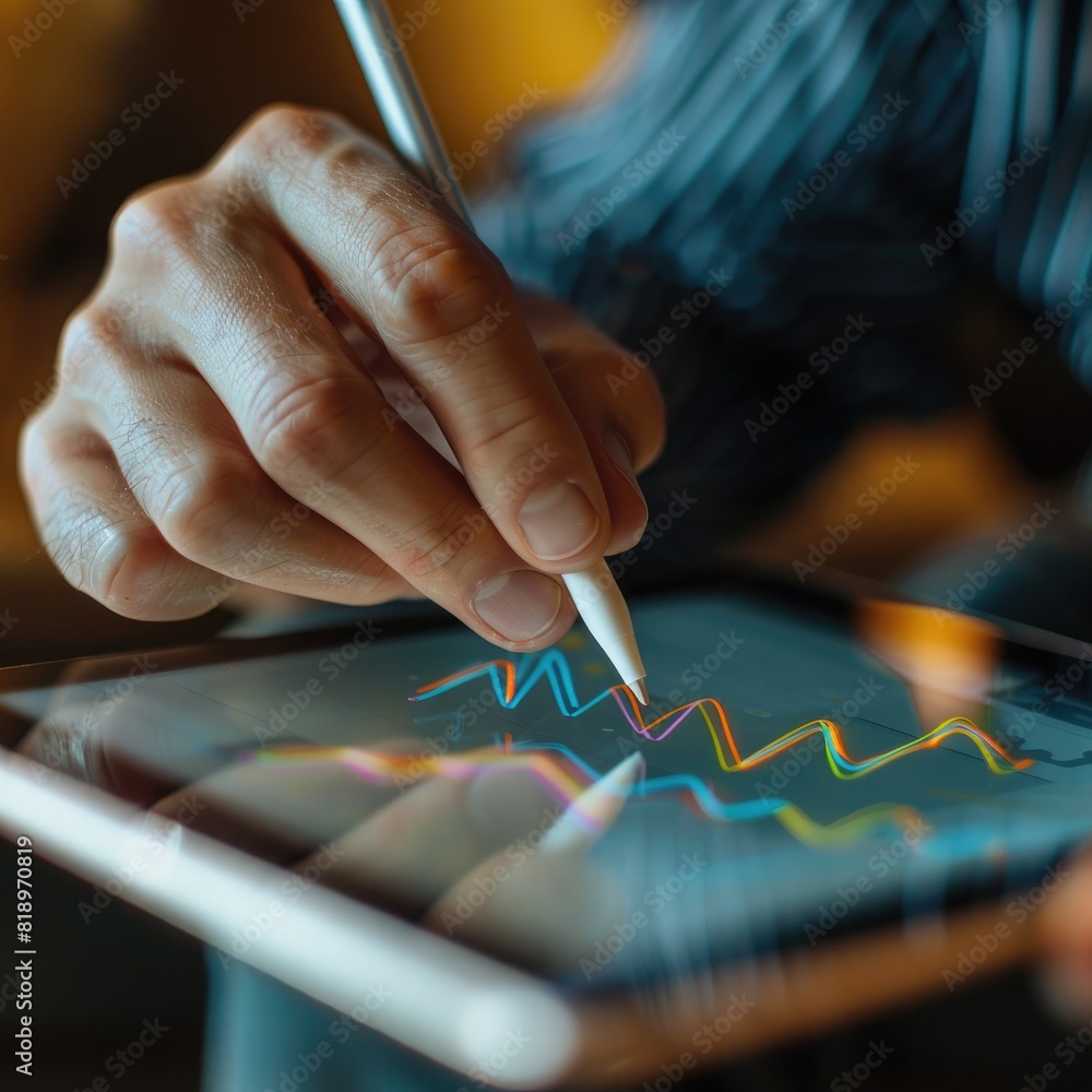Poster a close-up of a businessman's hand drawing a growth trajectory on a tablet screen, with an increase 