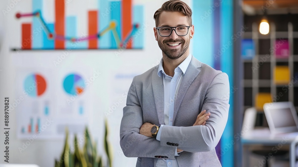 Poster a confident businessman presenting a roadmap for business success in 2023, with an increase arrow gr