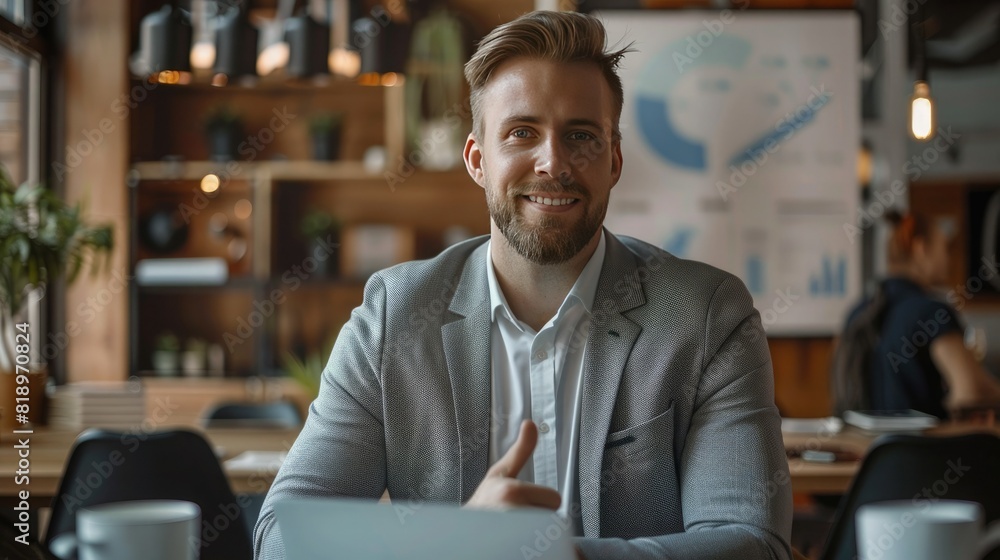 Poster a confident businessman presenting a roadmap for business success in 2023, with an increase arrow gr