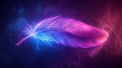 Vibrant Neon Feather with Pink and Blue Lights on Dark Background, Perfect for Artistic and Fantasy Themes