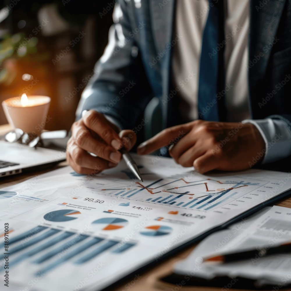 Poster a businessman leading a strategic planning session, with a projected increase arrow graph providing 