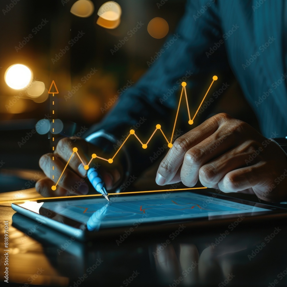 Poster a close-up of a businessman's hand sketching out a growth plan on a digital tablet, with an increase