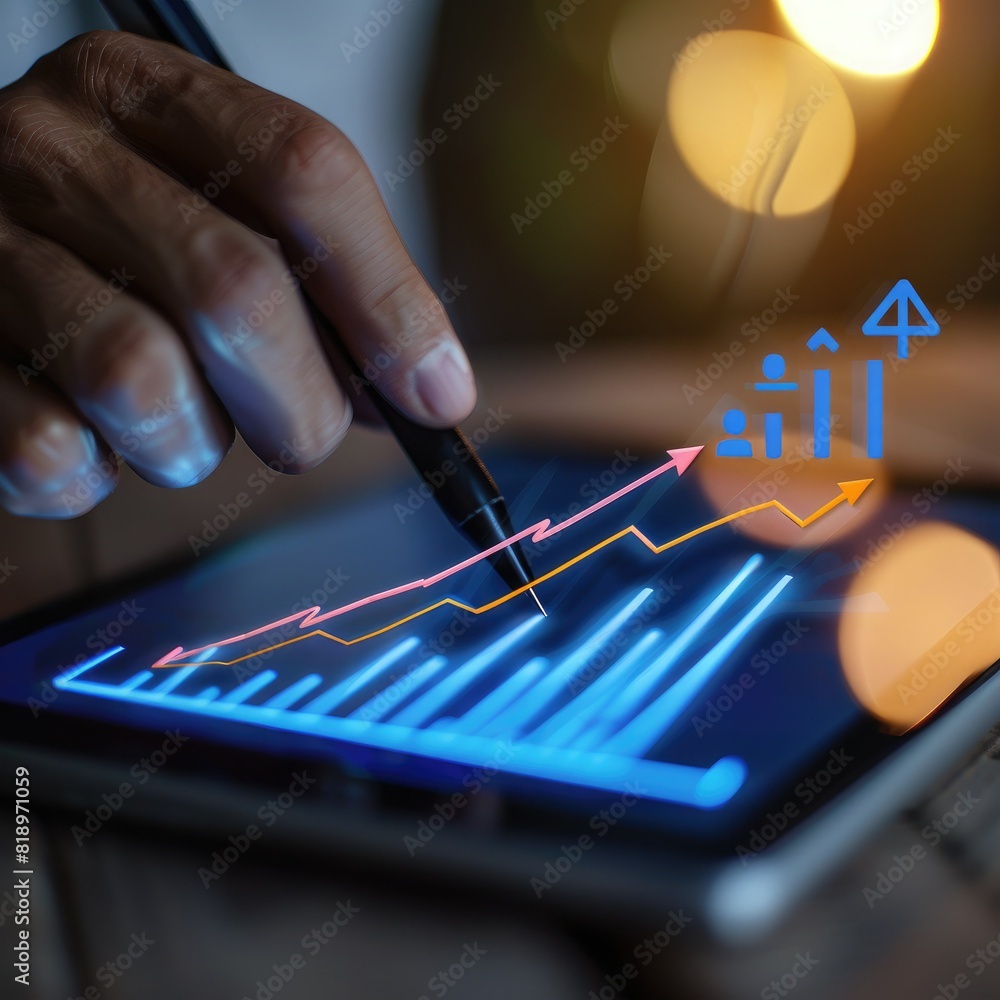 Poster a close-up of a businessman's hand sketching out a growth plan on a digital tablet, with an increase