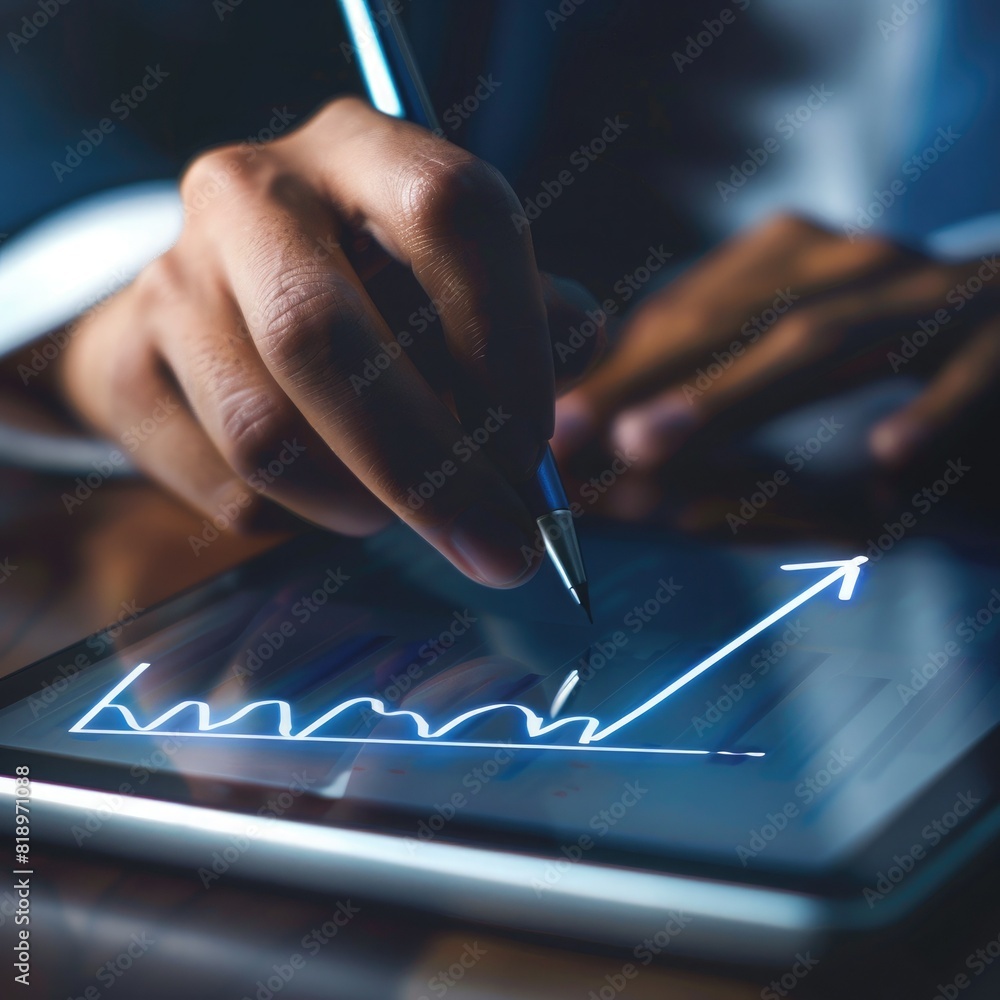 Poster a close-up of a businessman's hand sketching out a growth plan on a digital tablet, with an increase