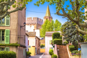 Town of Frejus colorful street anf tower view