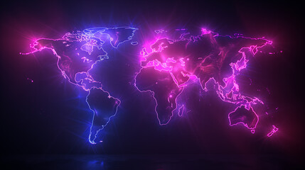 Glowing Neon World Map with Pink and Blue Highlights on Dark Background, Ideal for Futuristic and Tech-Themed Designs