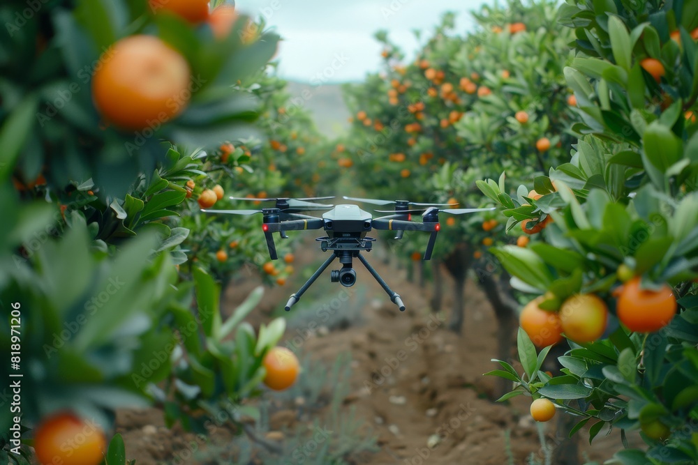Poster advanced agritech techniques in smart farming, illustrated in drone operations for crop production e