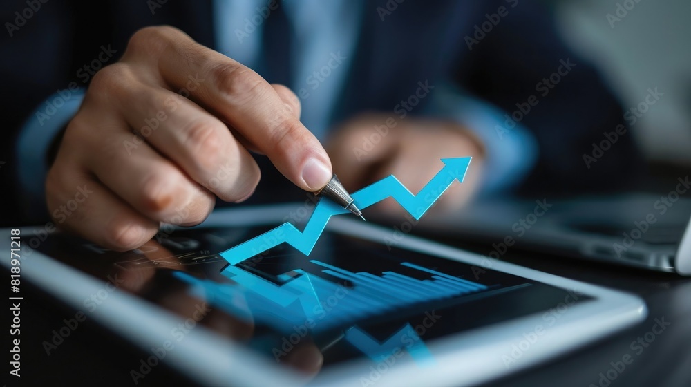 Poster a close-up of a businessman's hand sketching out a growth plan on a digital tablet, with an increase