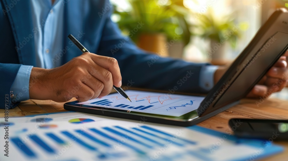 Poster a close-up of a businessman's hand sketching out a growth plan on a digital tablet, with an increase
