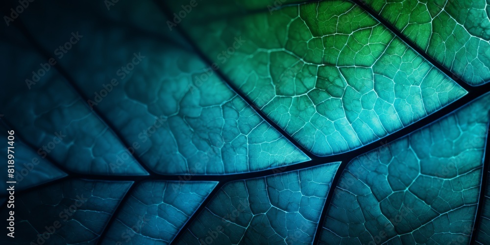 Poster leaf of a tree close-up. blue toned background or wallpaper. mosaic pattern from a net of veins and 