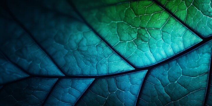 Fototapeta Leaf of a tree close-up. Blue toned background or wallpaper. Mosaic pattern from a net of veins and plant cells. Abstract backdrop on a floral theme. Macro. High quality photo