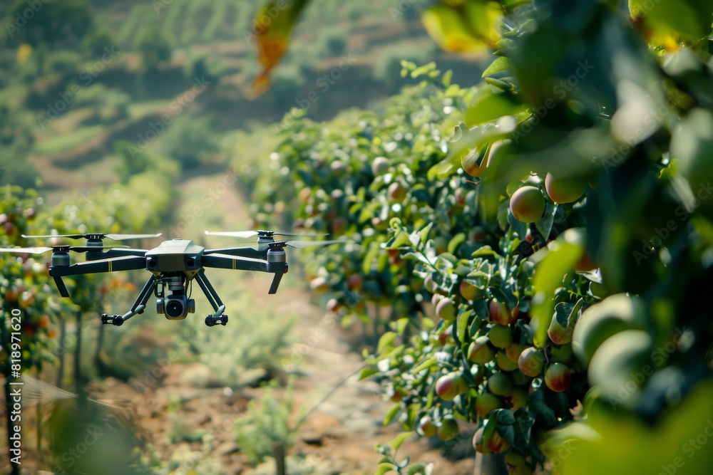 Poster advanced agritech techniques in smart farming, illustrated in drone operations for crop production e