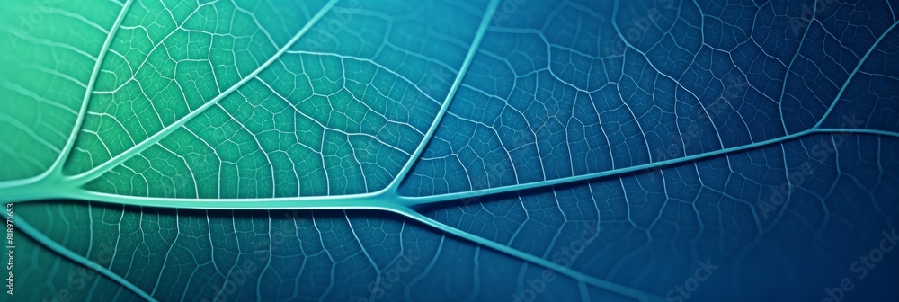 Poster leaf of a tree close-up. blue toned background or wallpaper. mosaic pattern from a net of veins and 