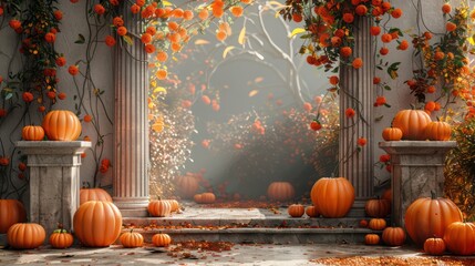 A beautiful scene of a pumpkin patch with a large archway in the middle