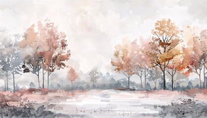 A panoramic watercolor illustration of an autumn landscape with light pastel tones, featuring white and gray backgrounds and trees in a long, narrow view.