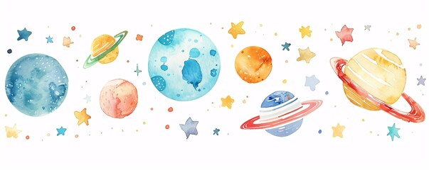 A simplistic watercolor illustration of planets in space, designed for children's posters.
