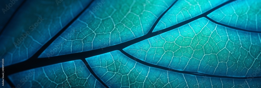 Poster leaf of a tree close-up. blue toned background or wallpaper. mosaic pattern from a net of veins and 