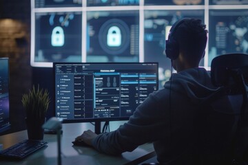 Business person analyzing a cybersecurity dashboard with a prominent lock icon - data security - IT solutions - risk management
