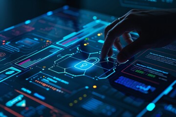 Business person analyzing a cybersecurity dashboard with a prominent lock icon - data security - IT solutions - risk management