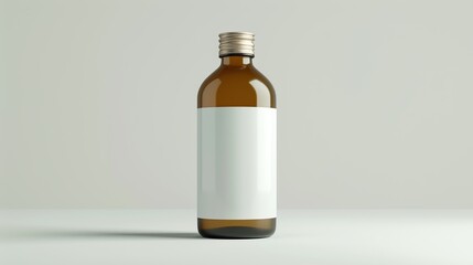 Two dark brown glass bottles with blank labels sit on a white surface against a pale gray background.

