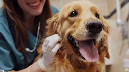 Happy golden retriever being examined by a smiling veterinarian. Dog receiving care, close-up of joy during pet healthcare visit.