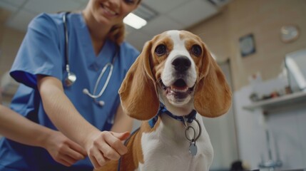 Happy Beagle dog receiving examination from vet in blue scrubs at veterinary clinic. Animal care and health checkup concept.