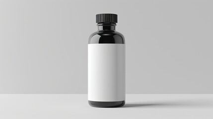 Two dark brown glass bottles with blank labels sit on a white surface against a pale gray background.

