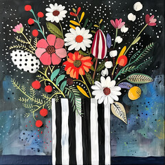 Acrylic painting of flowers in striped vase, naive art style, featuring orange, blue, and pink colors with polka dots