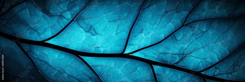 Poster leaf of a tree close-up. blue toned background or wallpaper. mosaic pattern from a net of veins and 