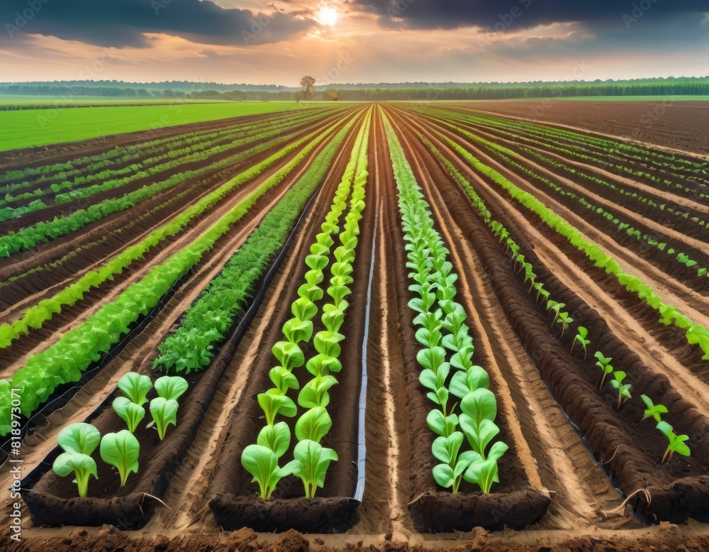 Poster the golden hour casts a warm glow over precise rows of crops in an expansive farm field.. ai generat