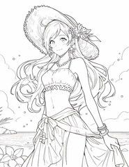 summer beautiful beach girl wearing hat. For adult, children coloring book