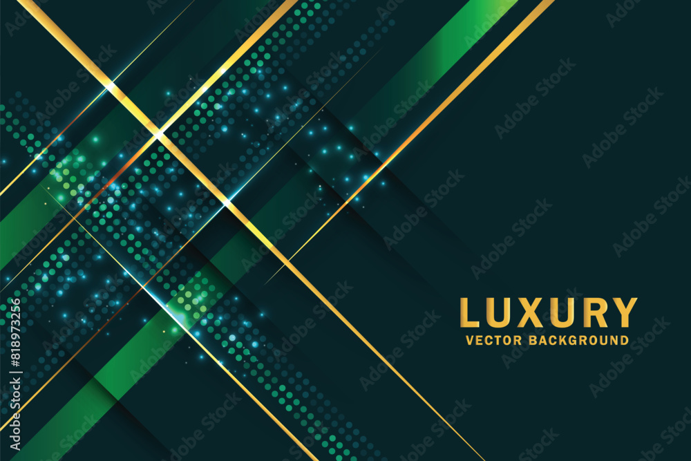 Poster 3d green luxury abstract background overlap layers on dark space with golden lines effect decoration