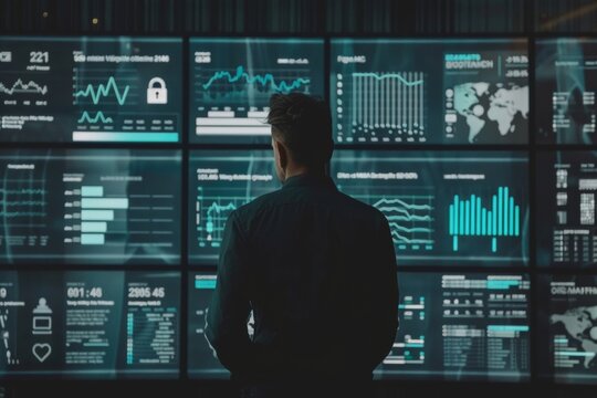 Business person analyzing a cybersecurity dashboard with a prominent lock icon - data security - IT solutions - risk management