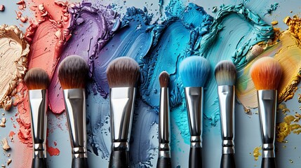 An image of makeup brushes and colorful brushes of eye shadow on a white background, beauty tools and cosmetics