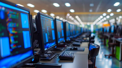 High-tech computer lab with multiple advanced workstations featuring large screens and coding data displayed, ideal for software development.