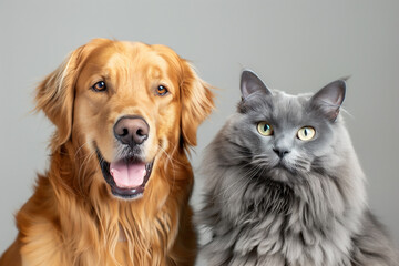 happy golden retriever dog and maine coon cat on pastel background