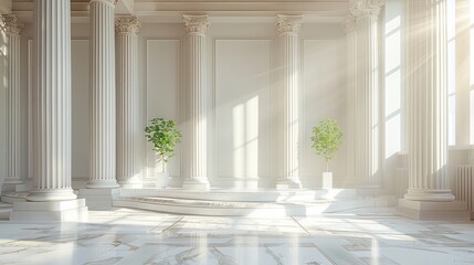 Naklejka premium A large, empty room with white pillars and a marble floor