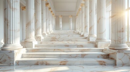 A long, narrow hallway with white pillars and marble floors