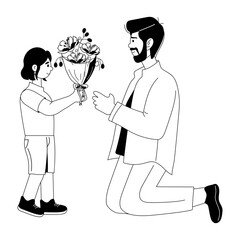 Beautiful glyph illustration showing daughter giving bouquet to father 