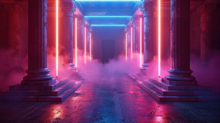 A neon lighted tunnel with smoke and pillars