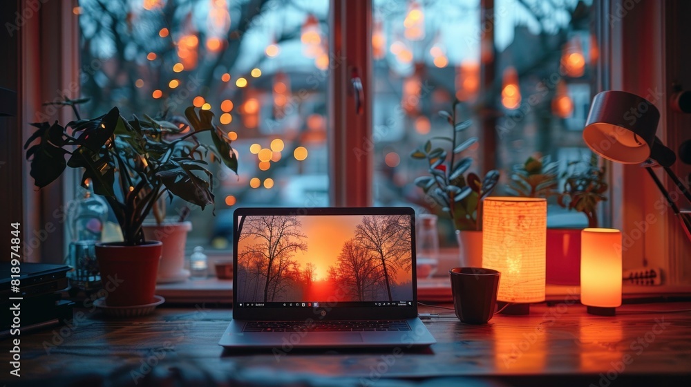 Aufkleber modern workspace with laptop on desk and sunset view from window in background