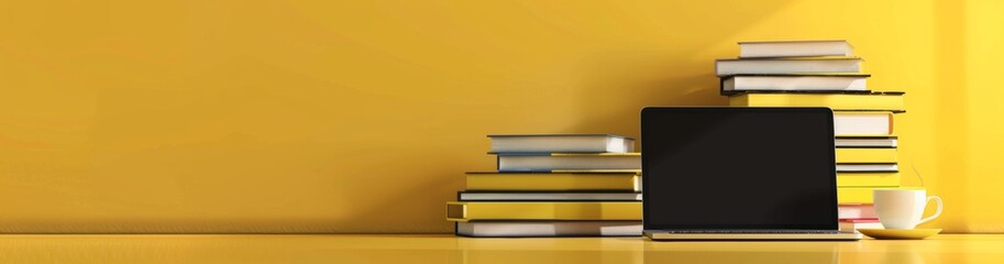 a laptop, books and coffee cup on a yellow background with copy space for a text web banner design template for online education or digital learning concepts.