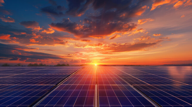 ast solar panel array basks under a vibrant sunset, with the sky painted in hues of orange, pink, and blue. The scene highlights renewable energy and the transition to sustainable power sources