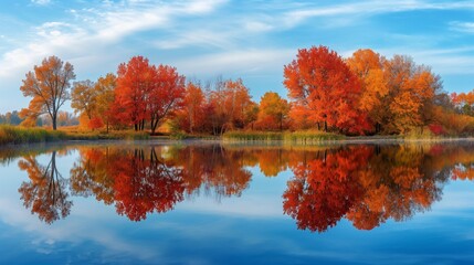 A panoramic view of a colorful autumn landscape, with trees ablaze in shades of red, orange, and gold, reflected in the still waters of a tranquil lake. 32k, full ultra hd, high resolution